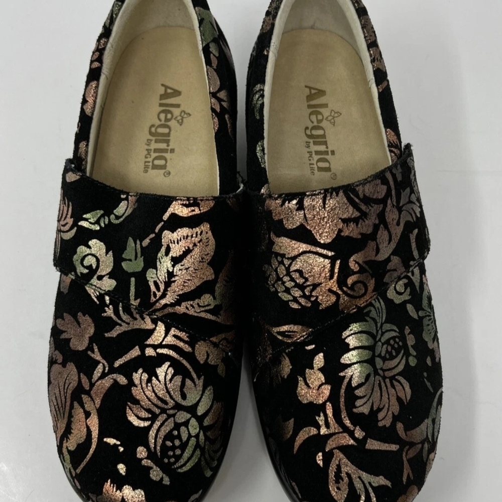 Alegria Women’s Black Velvet Slip-On Shoes with Metallic Floral Print
